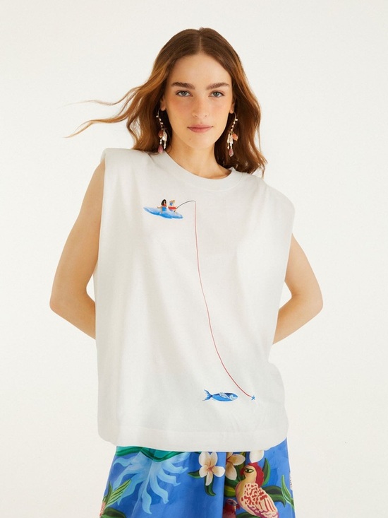 FARM Rio Tops - FARM Rio Off-White Fishing Dreams Padded Shoulder T-Shirt Size Medium NWT